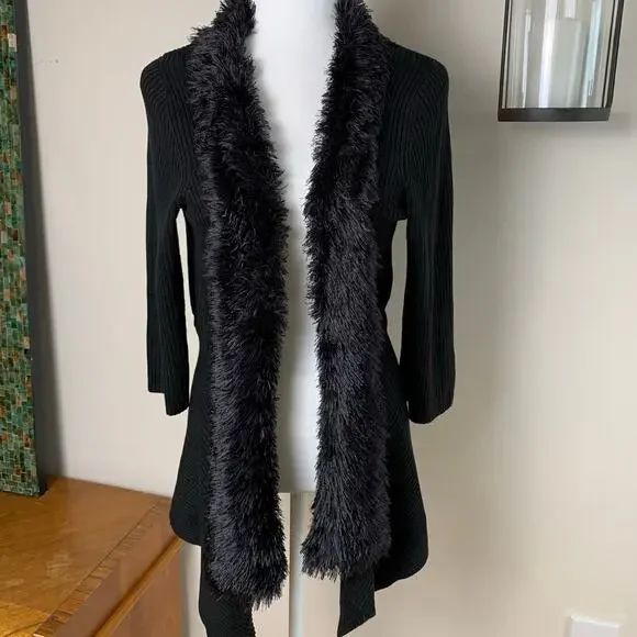 Vintage Lauren Michelle Black Ribbed Knit Cardigan Faux Fur Size L Soft & Cozy - Picture 2 of 9